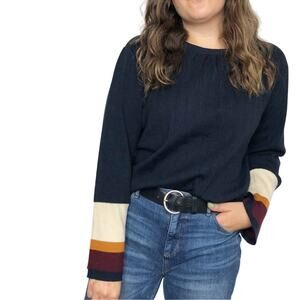 Pleated Bell Sleeve Colorblock Sweater Navy Cream Wool Blend Small
